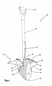 Official patent drawing of the One Shot Shovel winged blade design